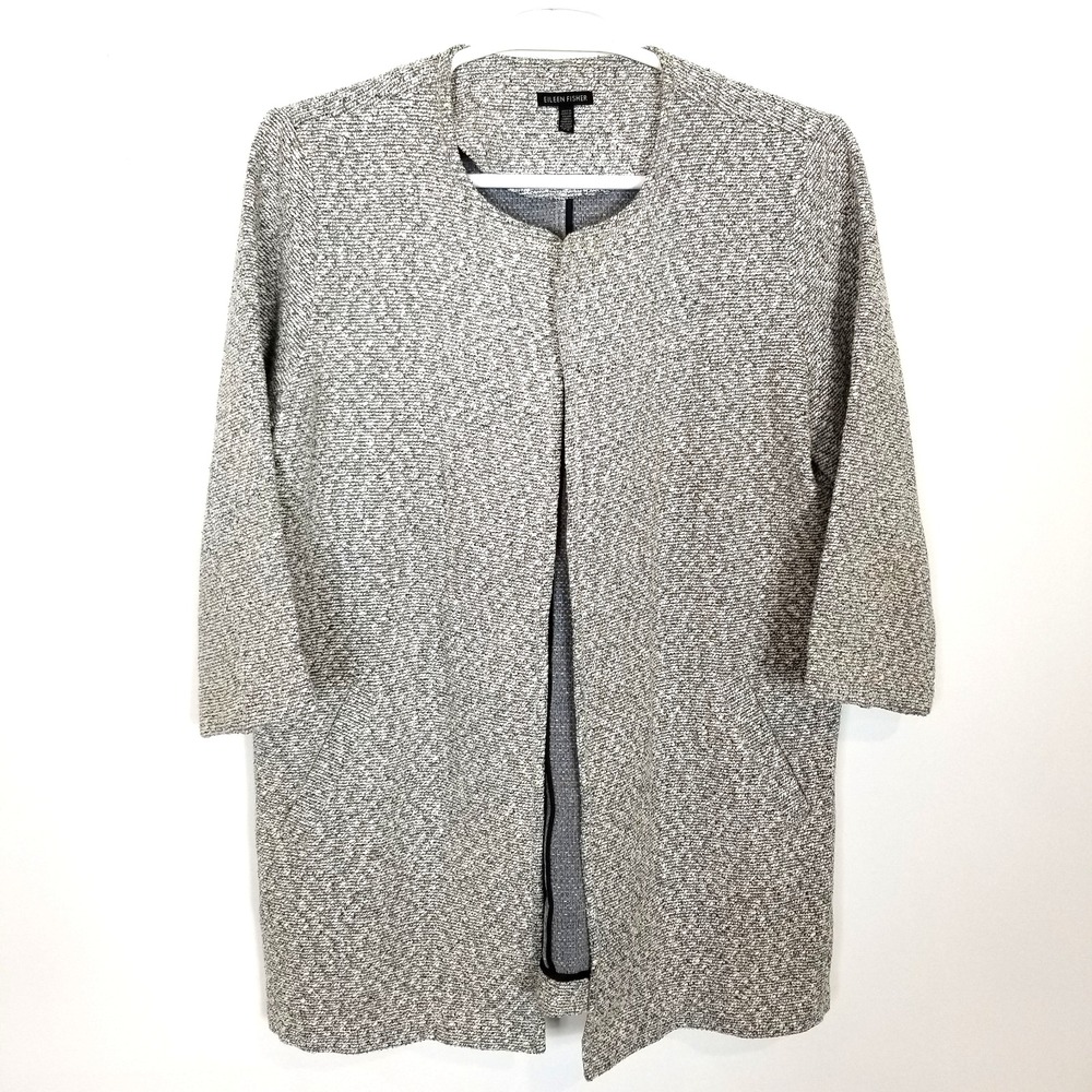 Eileen Fisher Marled‎ Gray Textured Woven Cotton Blend Swing Coat Sz L Classic